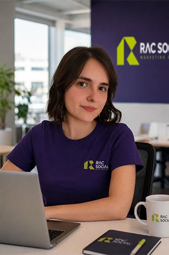 imagem da Ceci usando uniforme da RAC, roxo, sentada, usando um notebook