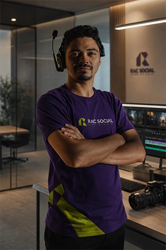 imagem do IMG usando uniforme da RAC, roxo, de pé, com os braços cruzados